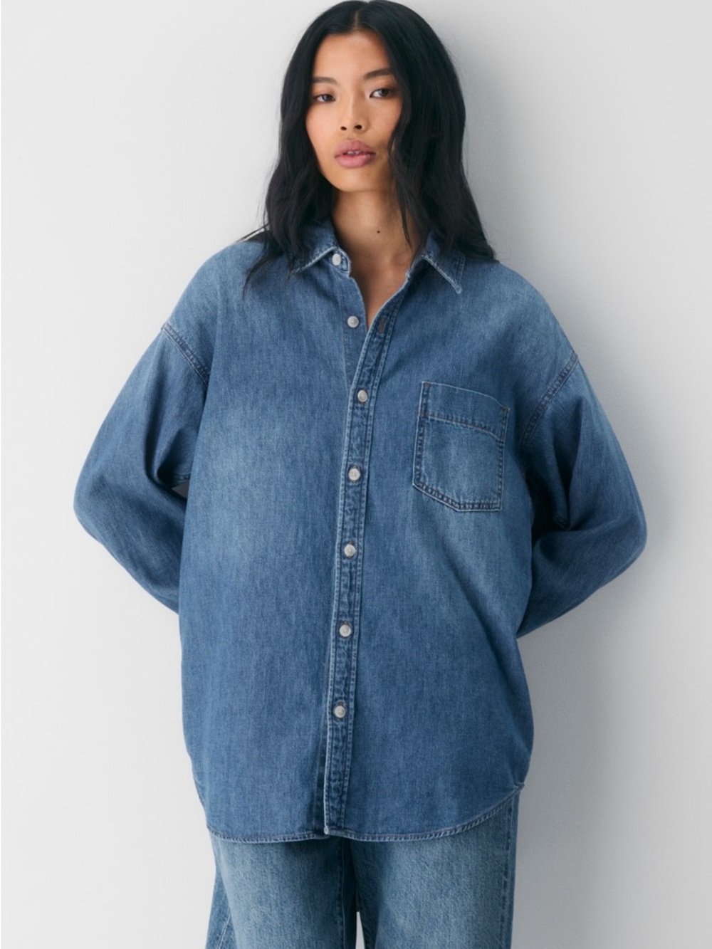 Aritzia Denim Forum Light Blue Button-Up Shirt with Orange Stitching